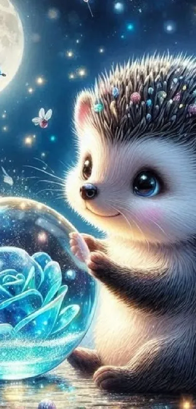 Charming hedgehog holding a glowing orb in a magical night sky.