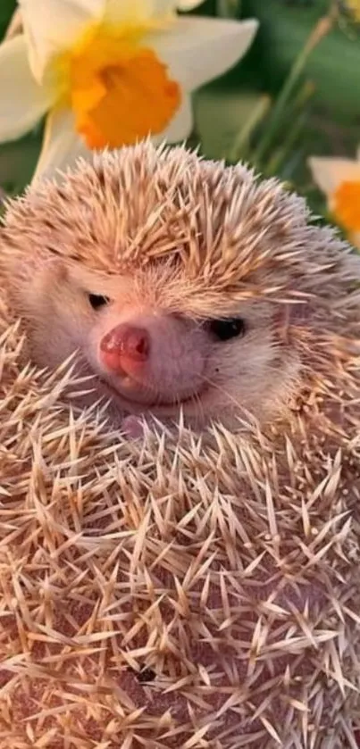 Charming hedgehog with daffodils in a natural setting wallpaper.