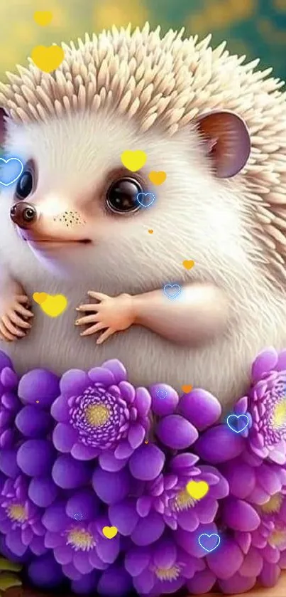 Cute hedgehog surrounded by purple flowers, bright and vibrant mobile wallpaper.