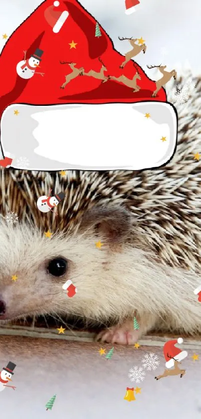 Cute hedgehog in a Santa hat on a mobile wallpaper.