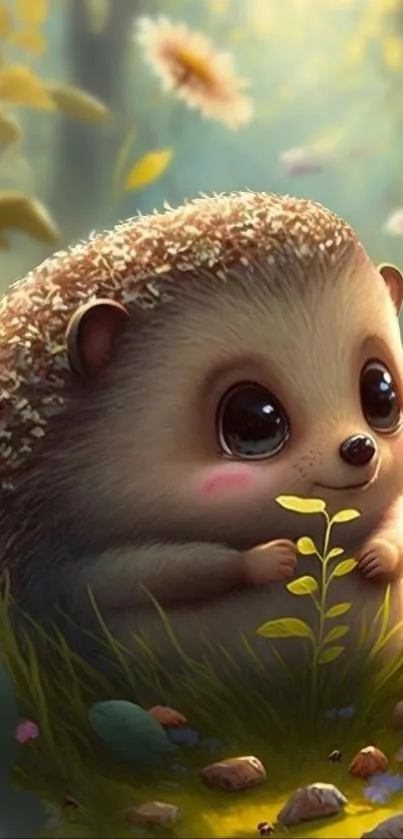 Adorable hedgehog in an enchanted forest setting with flowers.