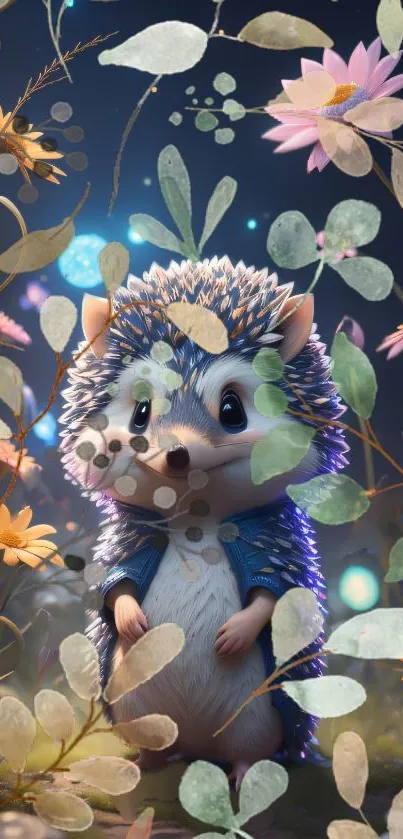 Adorable hedgehog amidst colorful flowers with dark blue background.