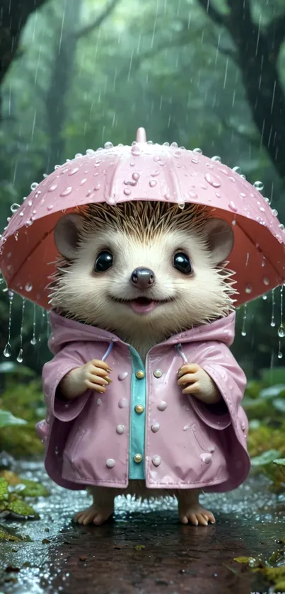 Cute hedgehog with pink umbrella in rainy forest wallpaper.