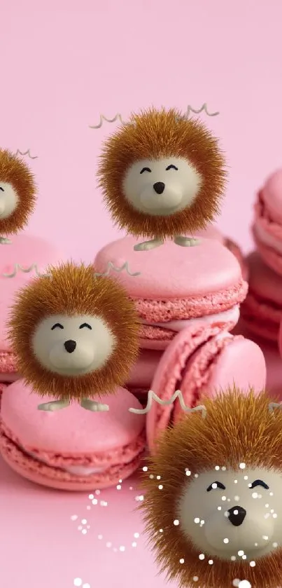 Cute hedgehog characters on pink macarons background.