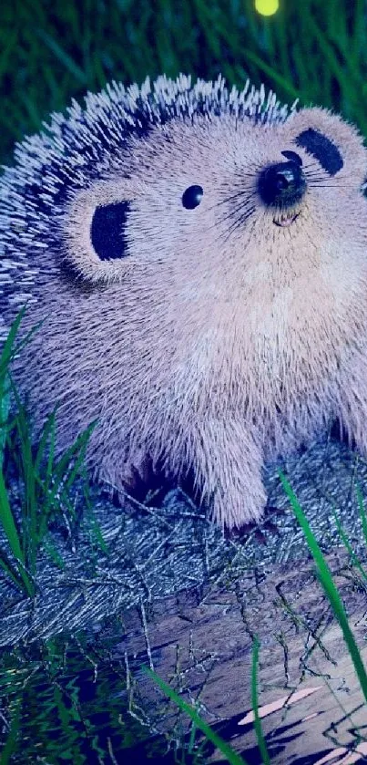 Cute hedgehog with glowing fireflies in a green field wallpaper.