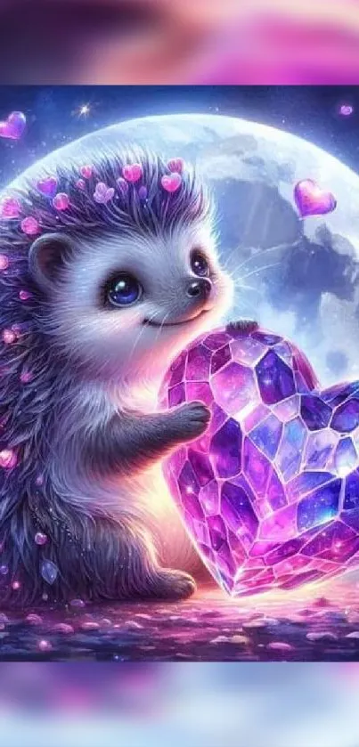 Cute hedgehog with crystal heart under moonlight.