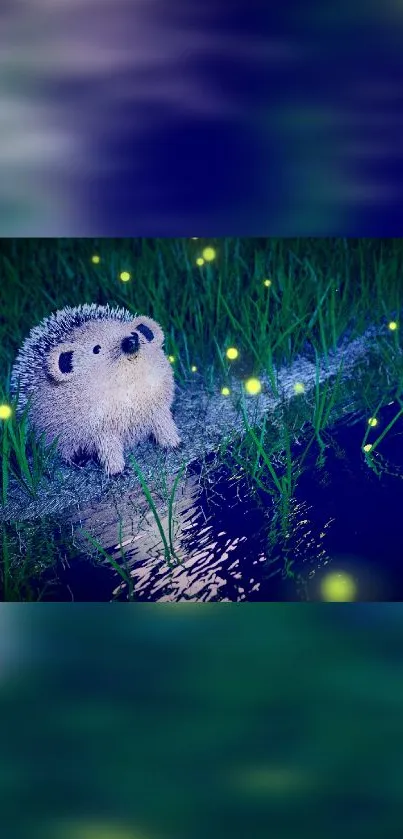 Charming hedgehog by water with glowing fireflies at night.