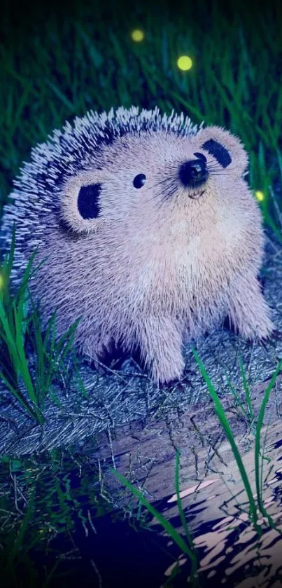 Adorable hedgehog in nighttime grass with glowing fireflies. Perfect mobile wallpaper.