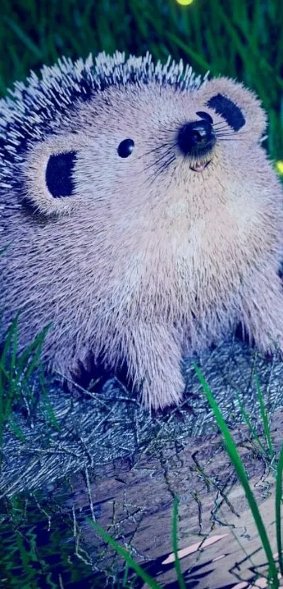 Adorable hedgehog with fireflies at night in a grassy meadow.