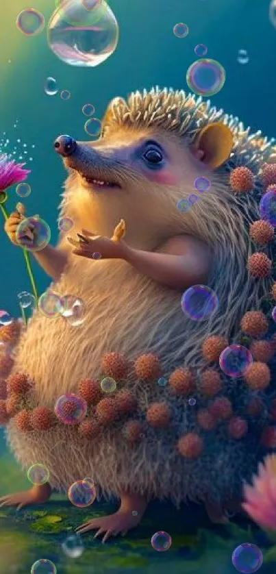 Cute hedgehog surrounded by whimsical bubbles and floral accents.