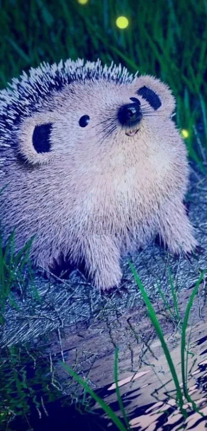 Adorable hedgehog illuminated by fireflies beside a serene pond at night.