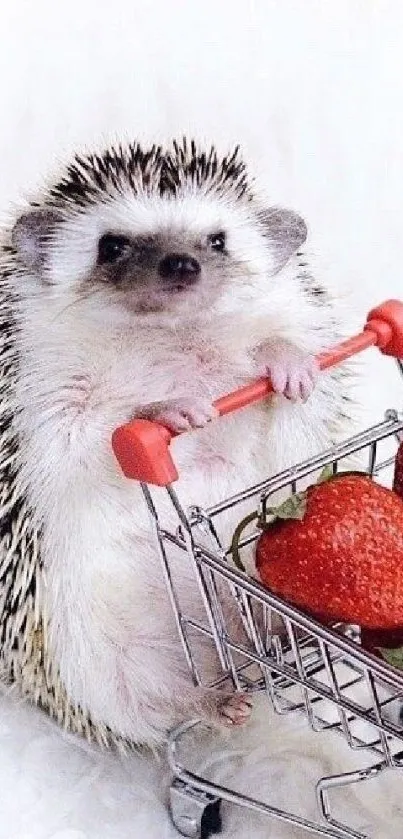 Cute hedgehog with strawberries in a tiny shopping cart.