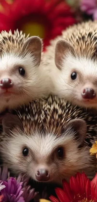 Three cute hedgehogs surrounded by colorful flowers.