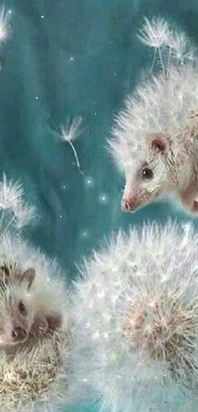 Adorable hedgehogs in fluffy dandelions against a teal background.