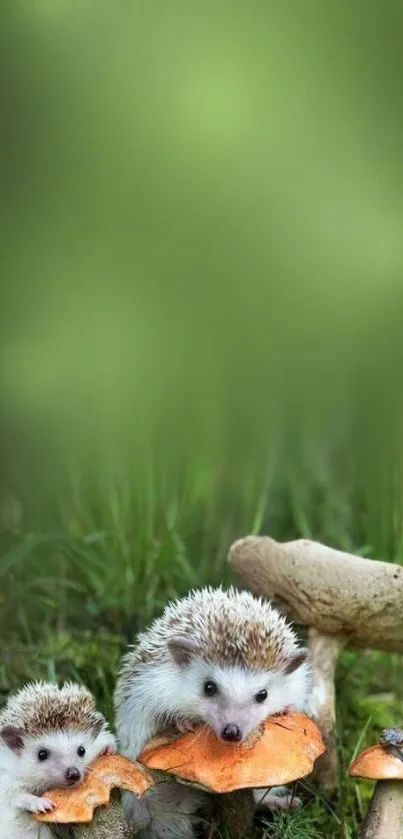 Cute hedgehogs exploring mushrooms on a green background.