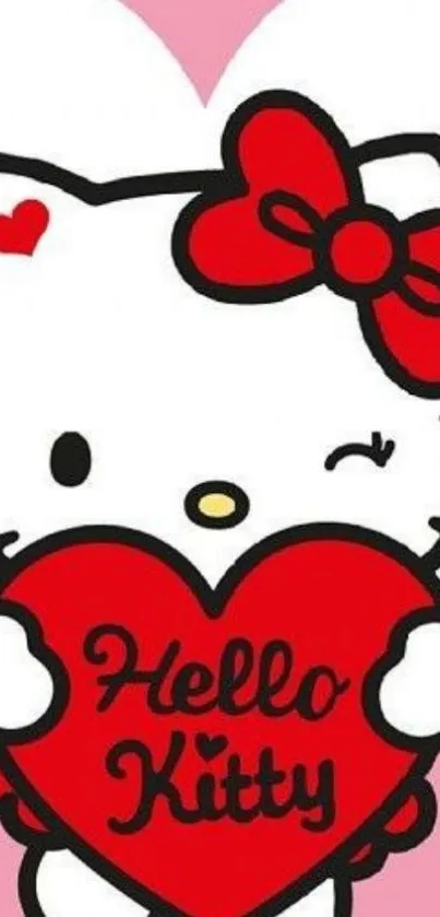 Hello Kitty wallpaper with red heart and pink background.