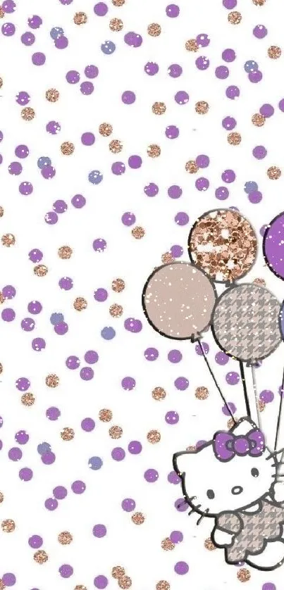 Adorable Hello Kitty with balloons and polka dots in lavender and pink tones.