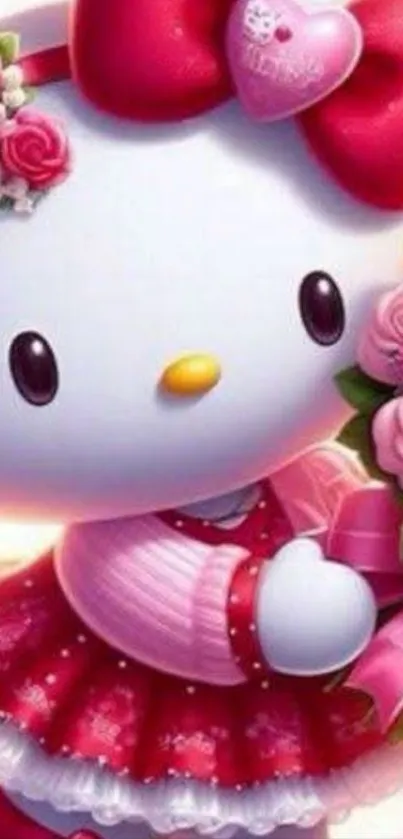 Hello Kitty with a pink floral bouquet and red bow.