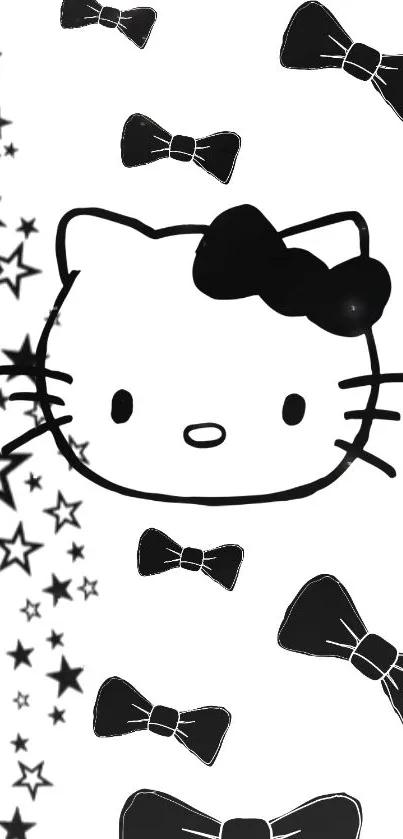 Cute Hello Kitty wallpaper with black bows and stars on a white background.