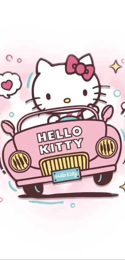 Hello Kitty driving a cute pink car in a fun wallpaper.