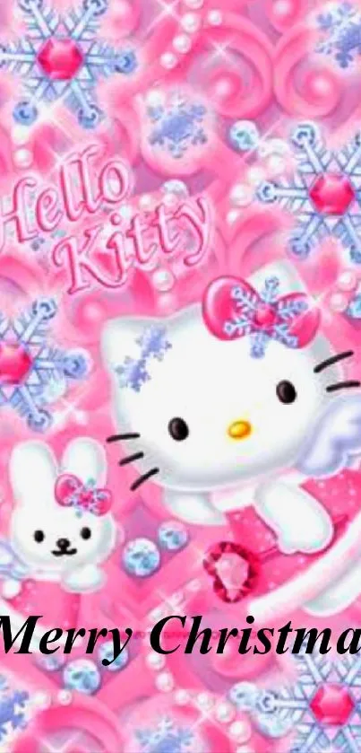 Pink Hello Kitty Merry Christmas wallpaper with snowflakes and bunny.