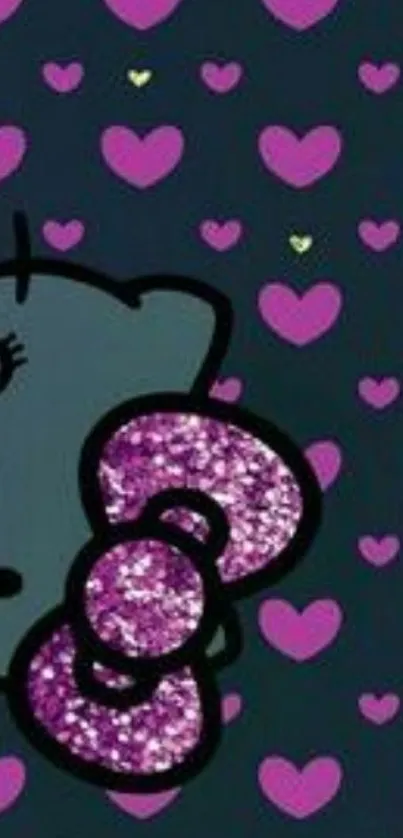 Hello Kitty with purple hearts and glittery bow on a dark background.