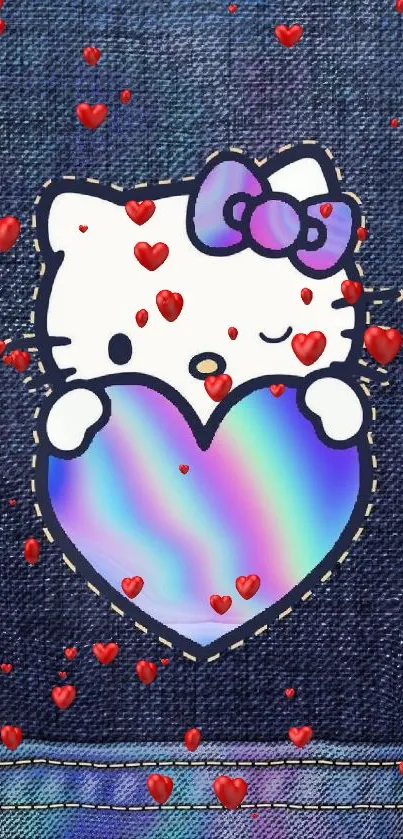 Hello Kitty holding a holographic heart on denim background.