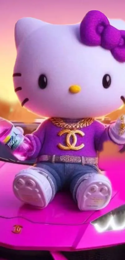 Hello Kitty in stylish pink outfit on a vibrant background.