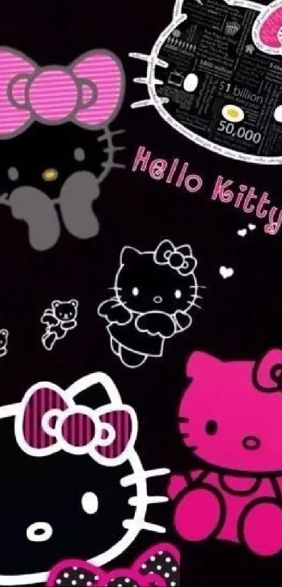 Cute Hello Kitty wallpaper with pink bows on a black background.