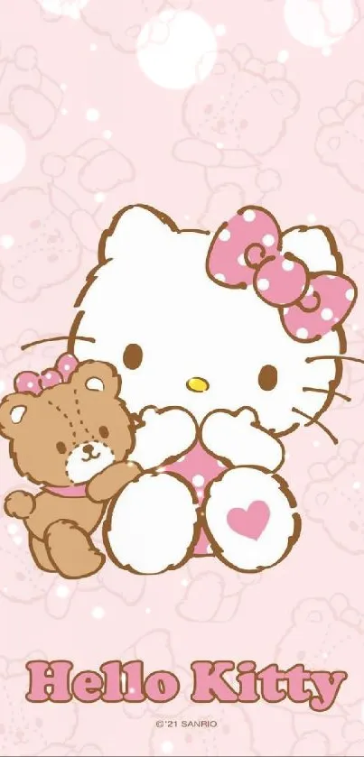 Adorable Hello Kitty wallpaper with teddy in pink theme.