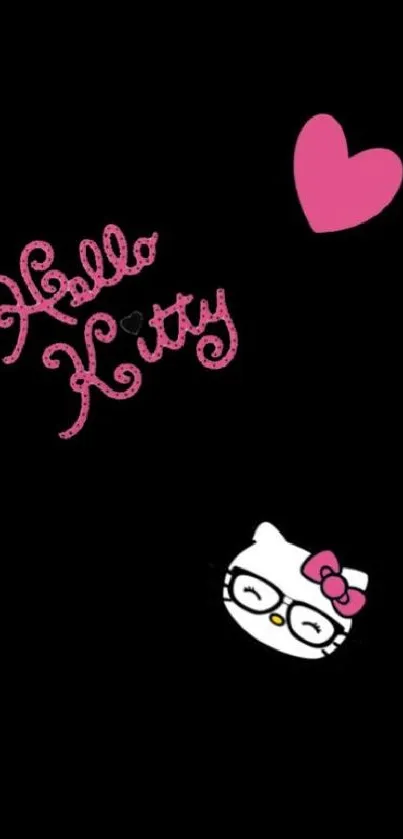 Cute Hello Kitty wallpaper with pink heart on black background.