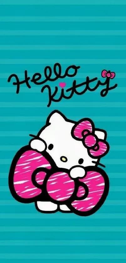 Hello Kitty with a teal striped background on a mobile wallpaper.