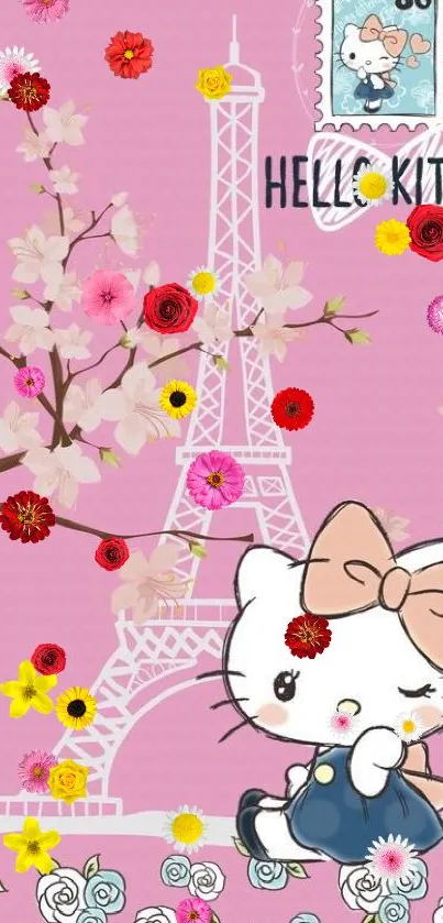 Hello Kitty with Eiffel Tower and flowers on a pink background.