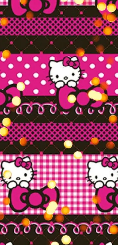 Hello Kitty pink wallpaper with glowing lights and cute patterns.