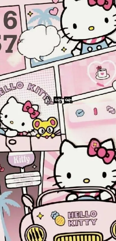 Adorable Hello Kitty wallpaper with a pink cartoon style and playful elements.