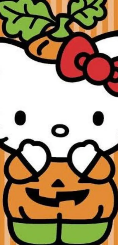 Cute Hello Kitty in a pumpkin costume on an orange striped background.