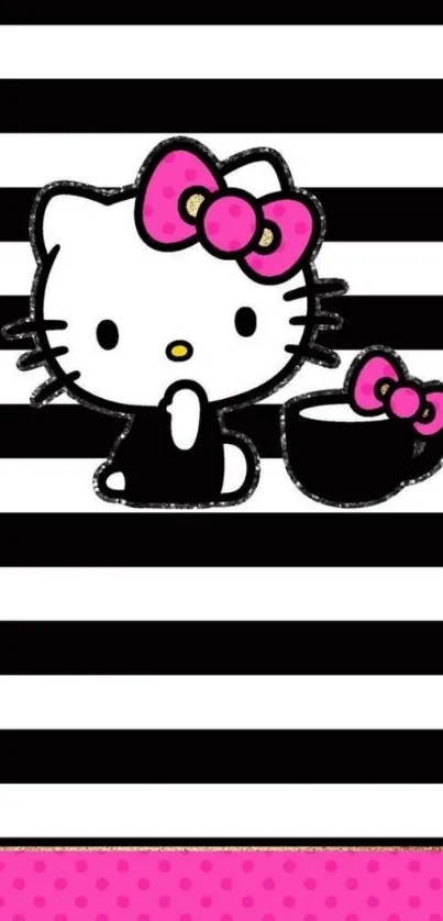 Hello Kitty with stripes and pink bow wallpaper.