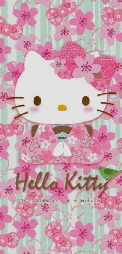 Cute Hello Kitty wallpaper with pink flowers.