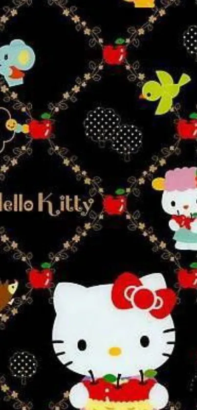 Colorful Hello Kitty cartoon wallpaper on black background.