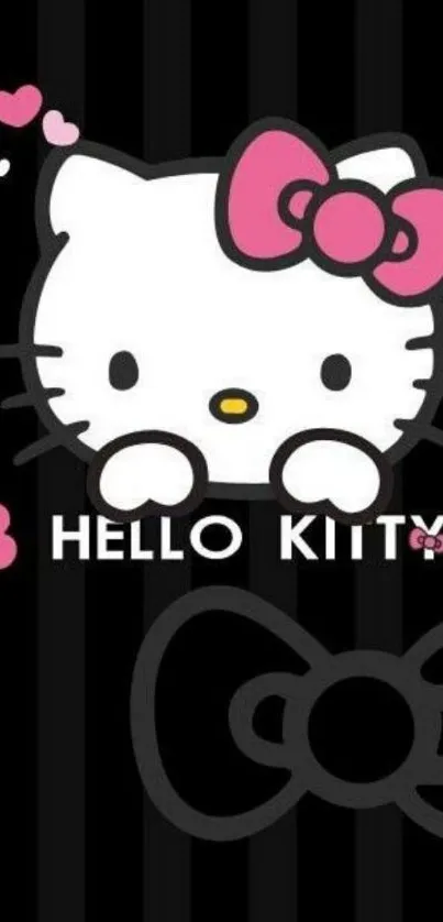 Cute Hello Kitty wallpaper with pink bow and black background.