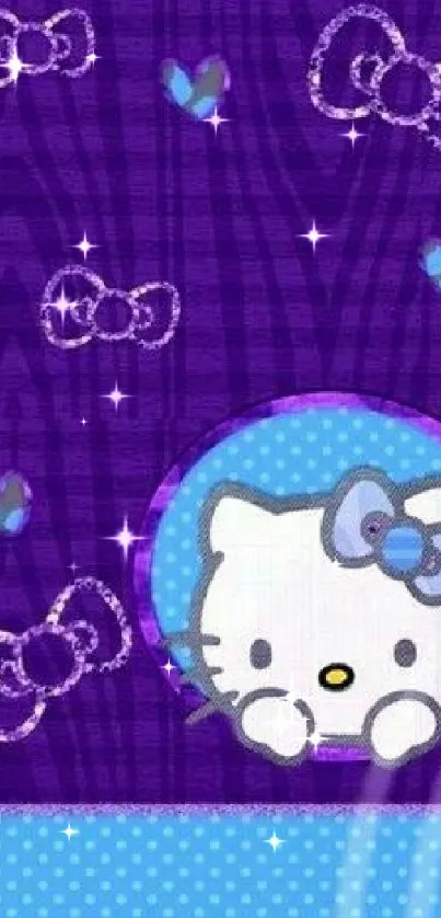 Cute Hello Kitty wallpaper with purple and blue design, bows and polka dots.