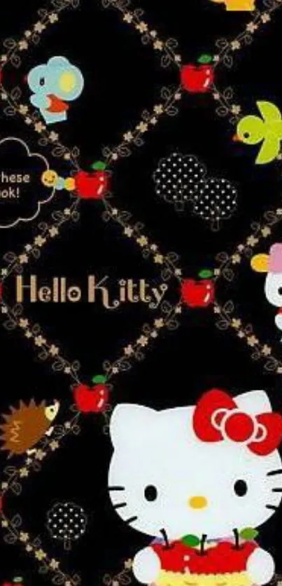 Hello Kitty mobile wallpaper with apples on black background.