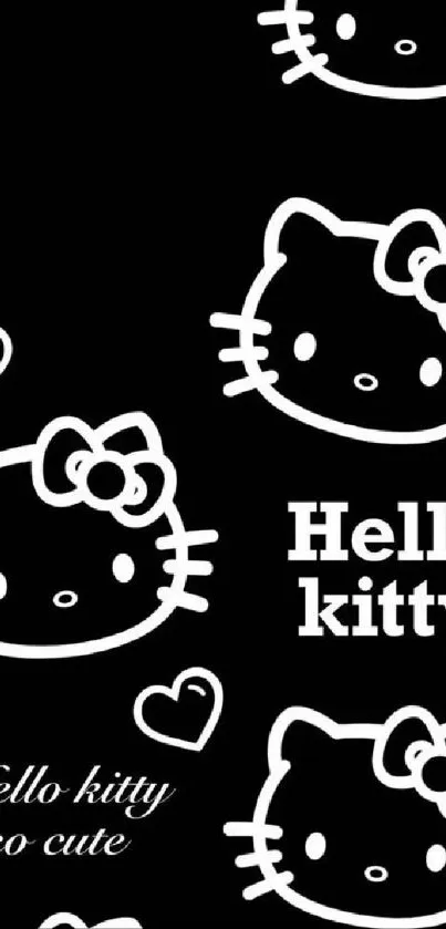Black wallpaper with Hello Kitty icons and hearts.