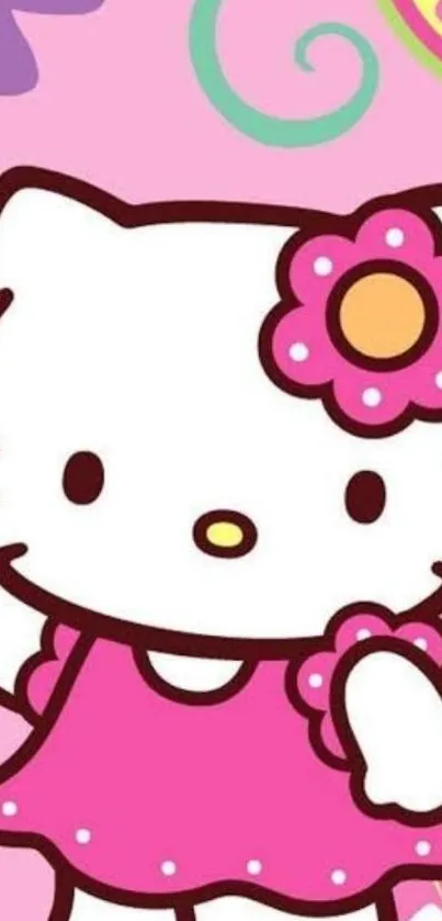 Hello Kitty with pink dress and floral background.