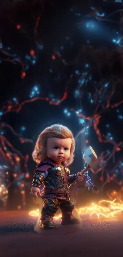 Adorable baby hero with a hammer in a mystical, glowing fantasy background.