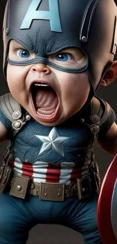 Adorable baby in superhero costume holding a shield.