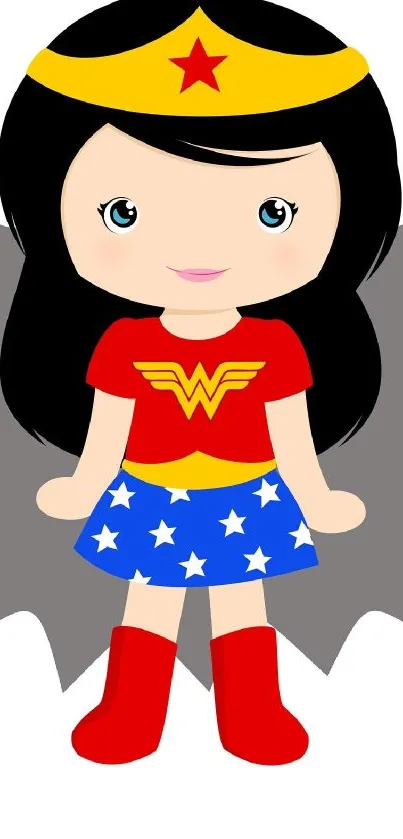 Cute cartoon superhero girl in colorful outfit on white background.