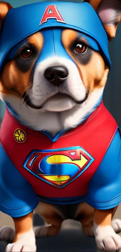 Corgi dressed as a superhero with blue and red costume.