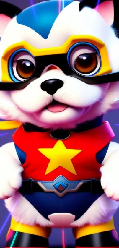 Cartoon dog in a colorful superhero costume stands on a purple background.