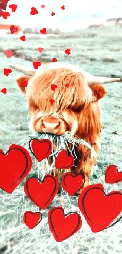 Highland cow with hearts wallpaper.